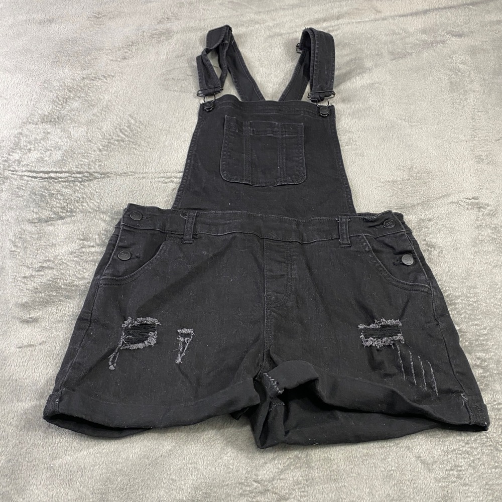 Wax Jean Shortalls Womens L Black Distressed Denim Overalls Bib Pocket Cuffed